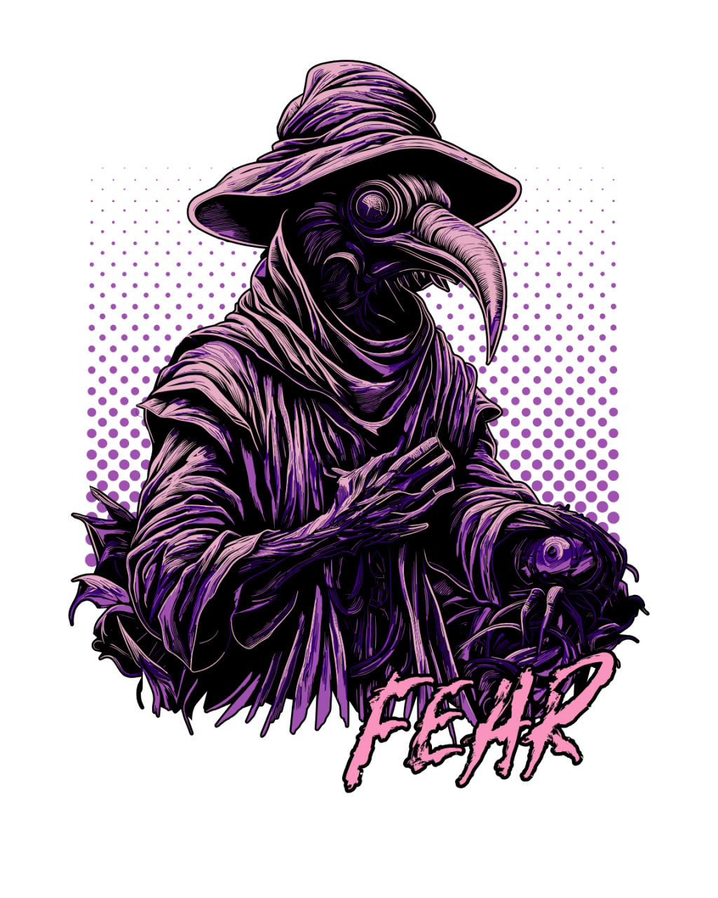 A plague doctor with the word fear in the bottom right corner