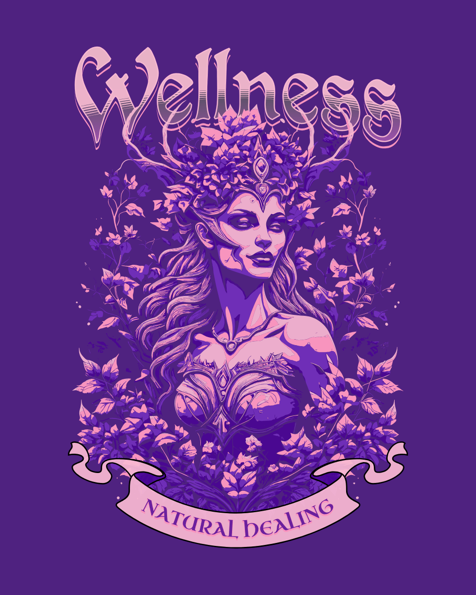 An earth fairy women with the word wellness written above her. A banner under her with the words natural healing written inside. Colored in shades of light pink and purple.